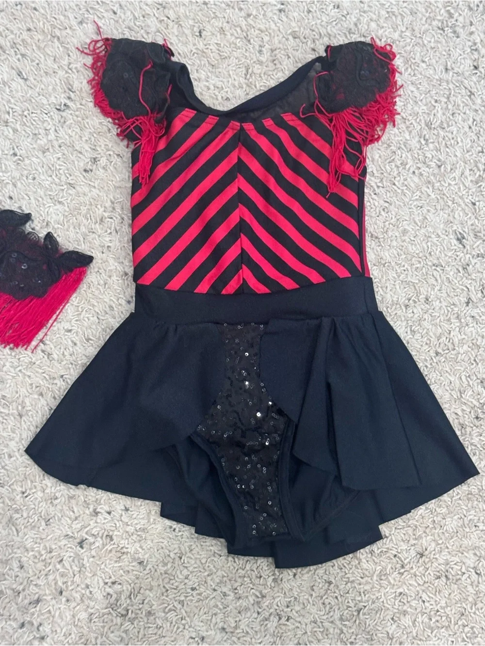 Weissman Black and Red Striped Dance Dress with Fringe Accent, Jazz Tap Costume